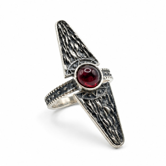 Sterling Silver Ring The Spindle with Red Stone