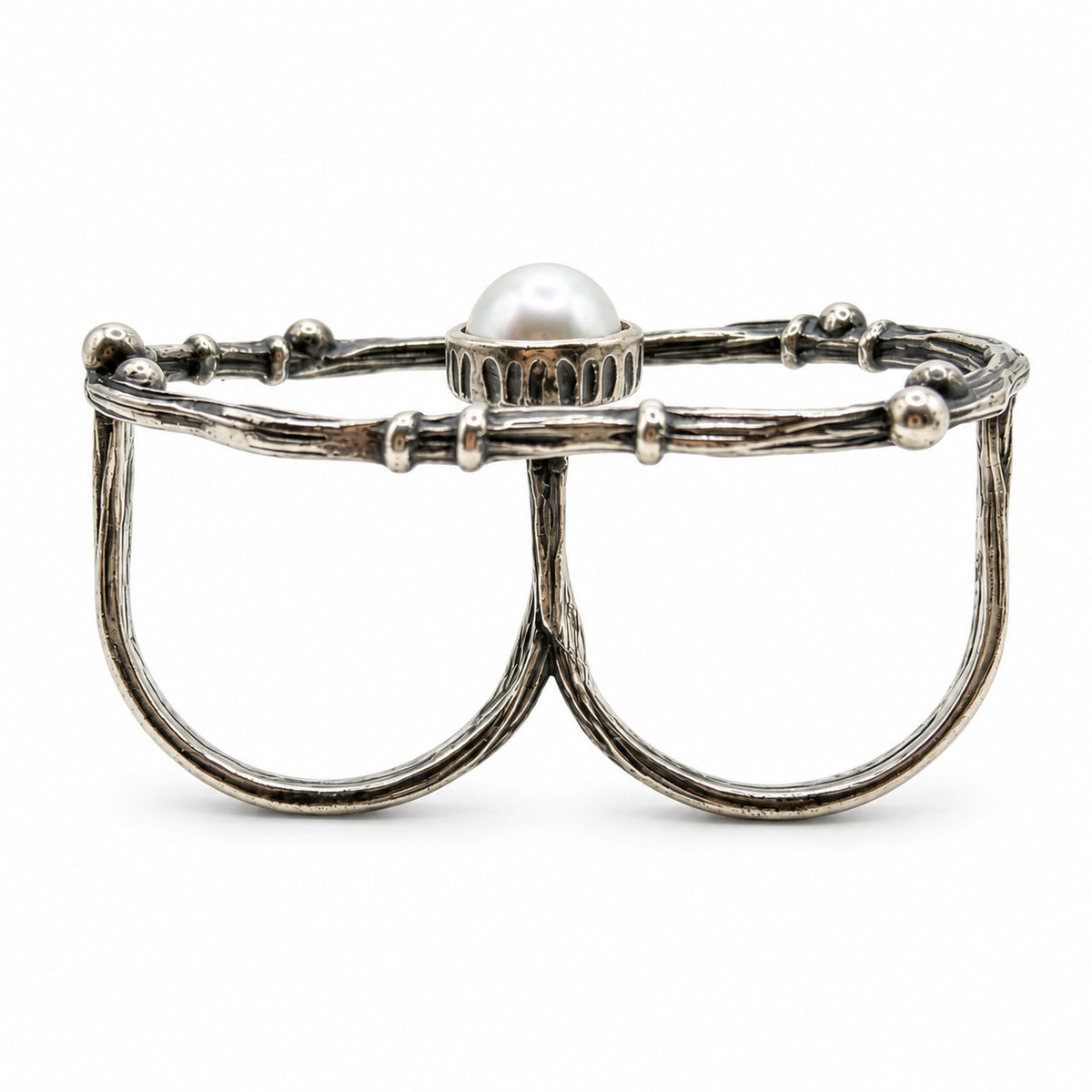 Sterling Silver Ring Pearl Bar Double-Finger