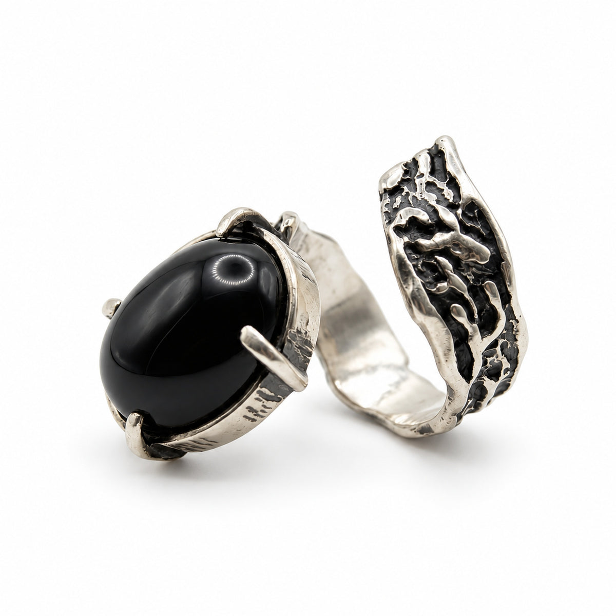 Sterling Silver Open Ring with Black Stone