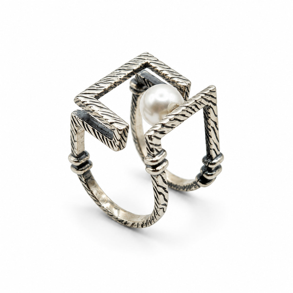 Sterling Silver Ring Pearl Square Double