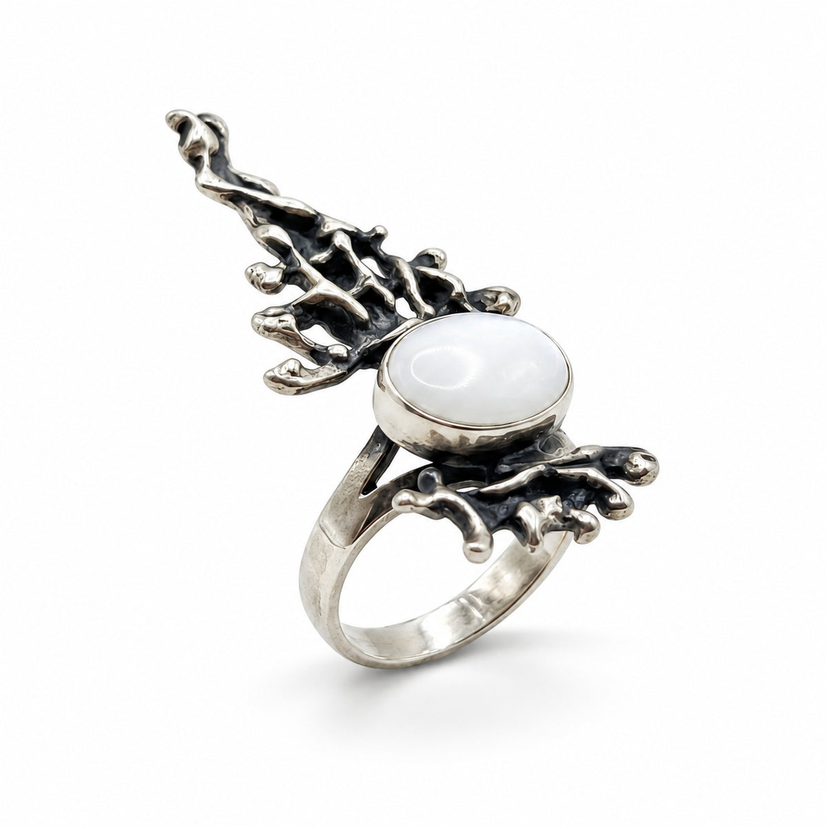 Sterling Silver Ring with White Stone Branch