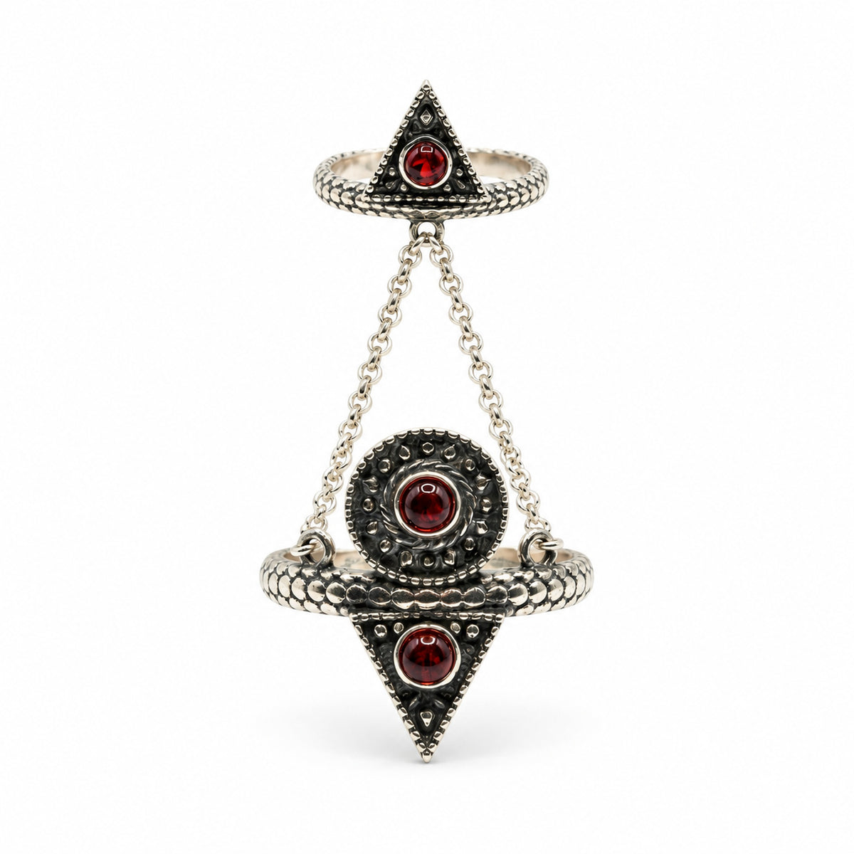 Sterling Silver Ring Chain Triangles with Red Stones
