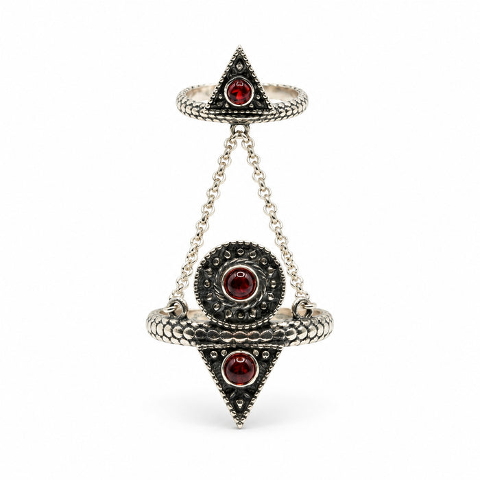 Sterling Silver Ring Chain Triangles with Red Stones