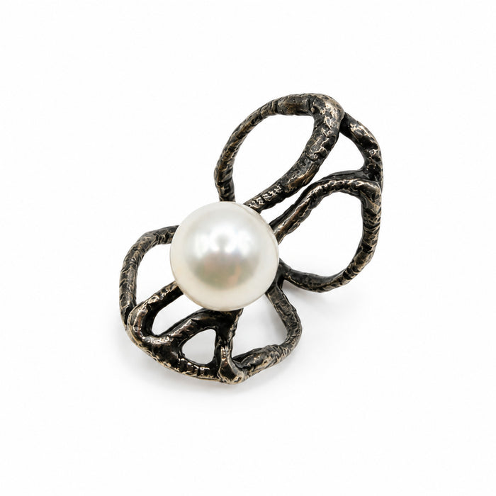 Sterling Silver Ring Pearl Black Web